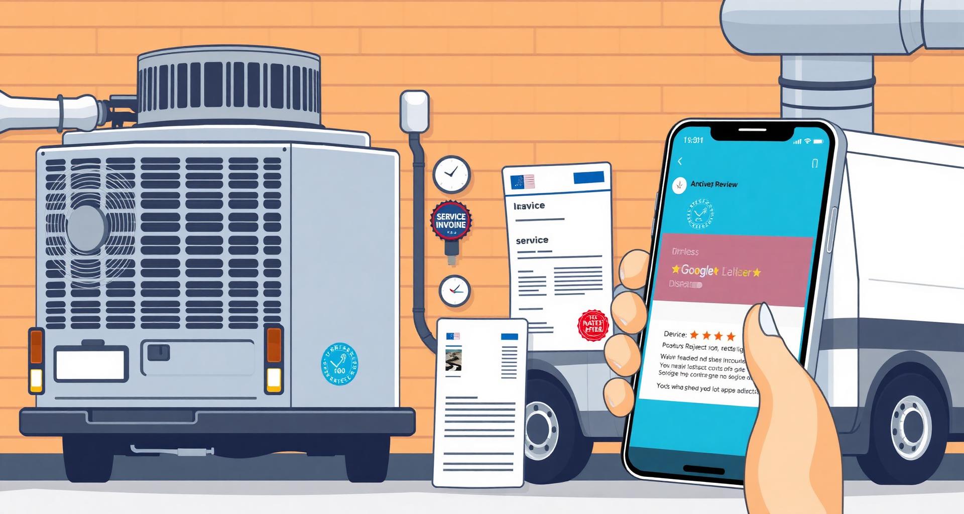 Illustrated HVAC rooftop condenser unit, service van, refrigerant gauges, service invoice with EPA 608 badge and a phone showing a Google 1-star review