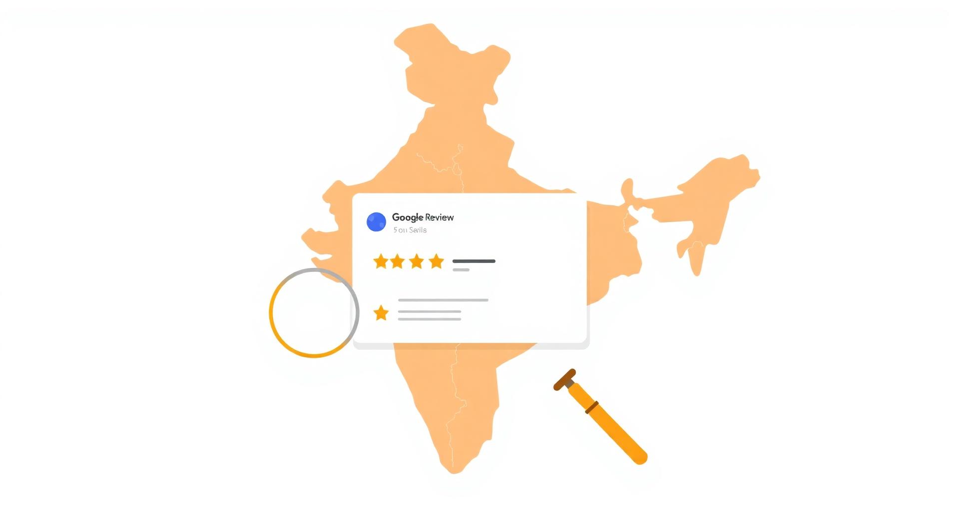 Illustrated map of India with a Google review card, magnifying glass and gavel