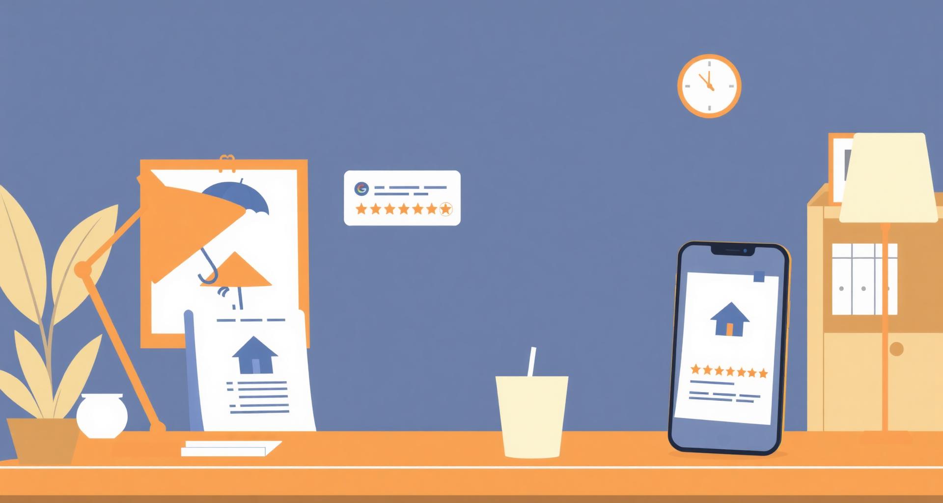 Illustrated insurance agent's desk with umbrella, house and auto icons and a phone showing a Google 1-star review