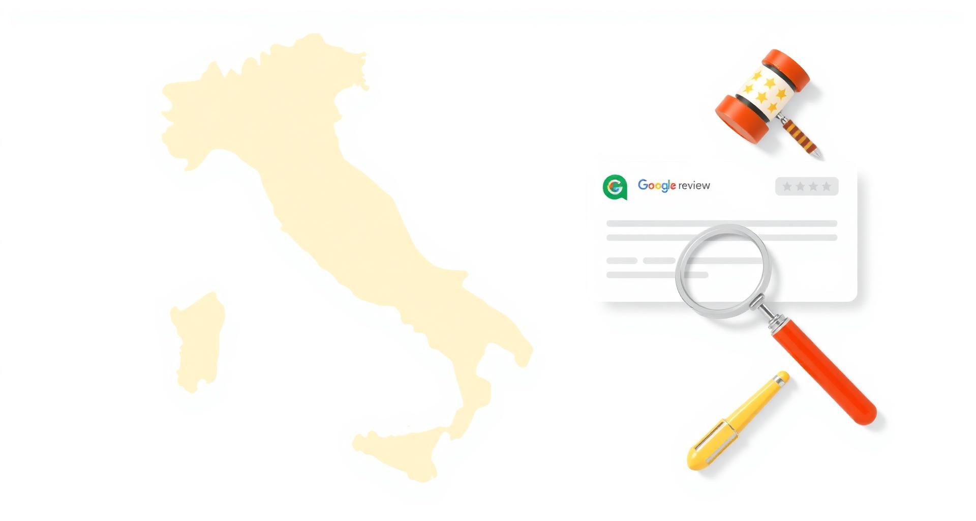 Mappa illustrata d'Italia con una scheda recensione Google, una lente d'ingrandimento e un martelletto del giudice