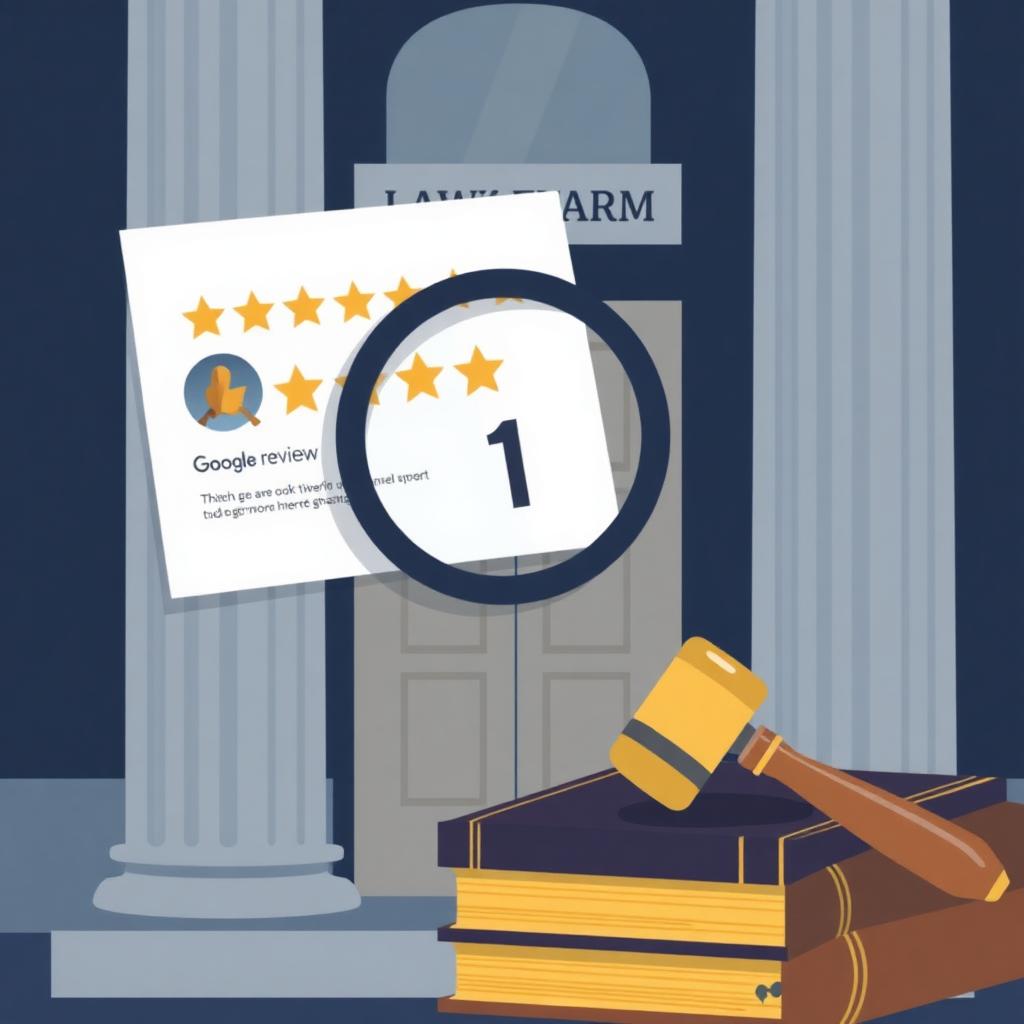 Illustrated law firm entrance with a Google review card, magnifying glass and gavel on legal books