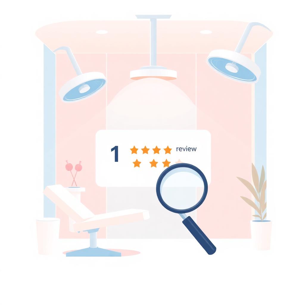 Illustrated med spa treatment room with a Google review card, magnifying glass and 1-star rating