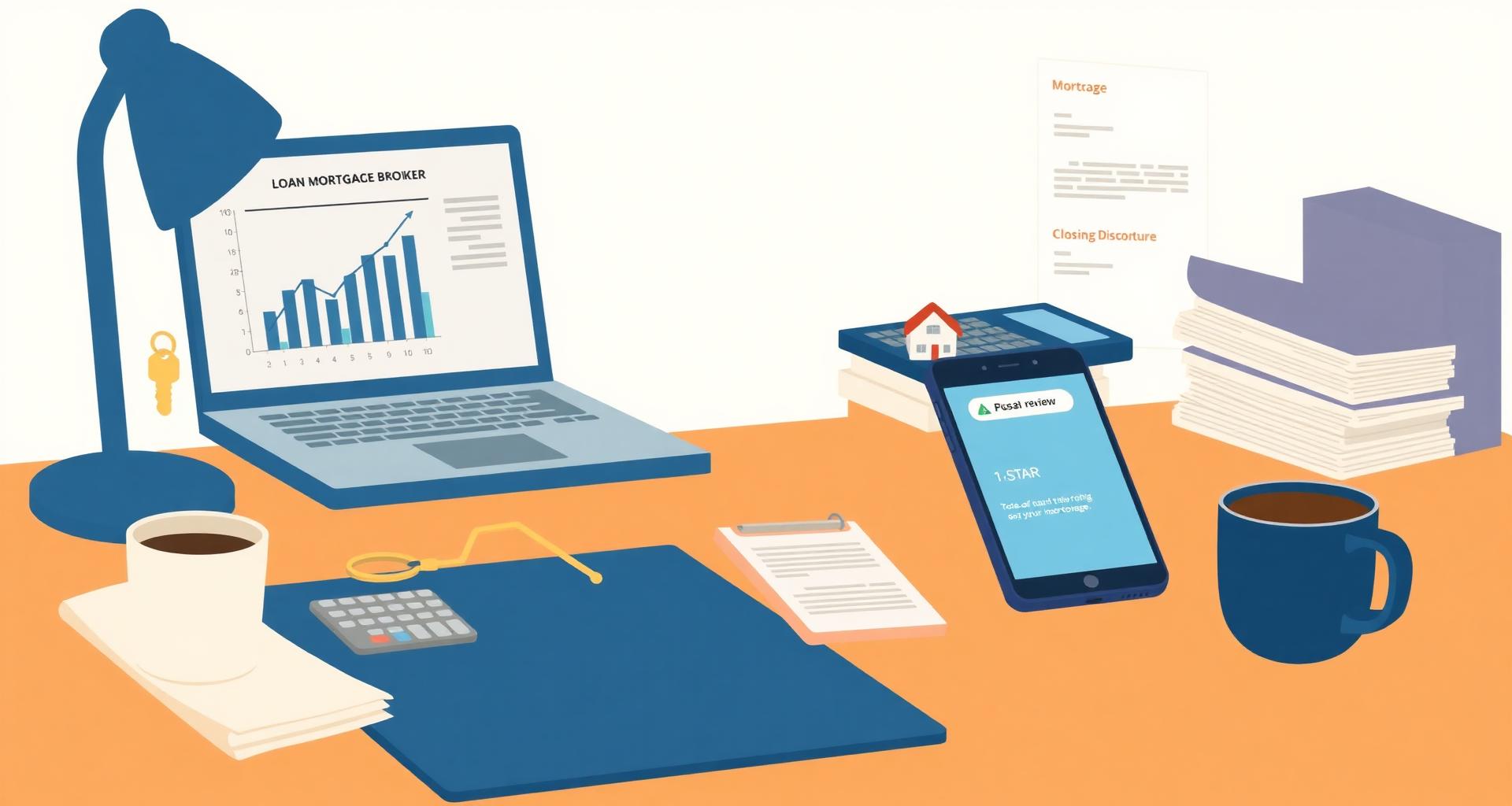 Illustrated mortgage broker's desk with laptop, loan documents, model house and a phone showing a Google 1-star review