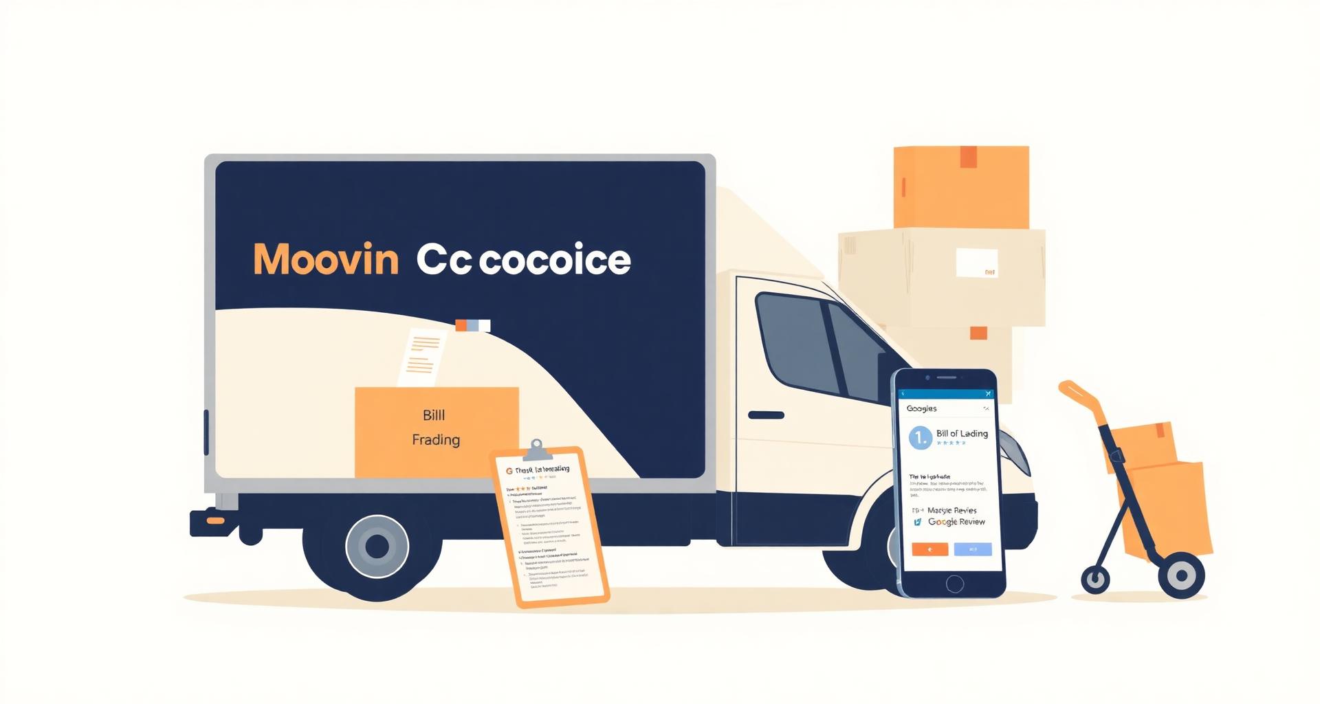 Illustrated moving company truck, cardboard boxes, bill-of-lading clipboard and a phone showing a Google 1-star review