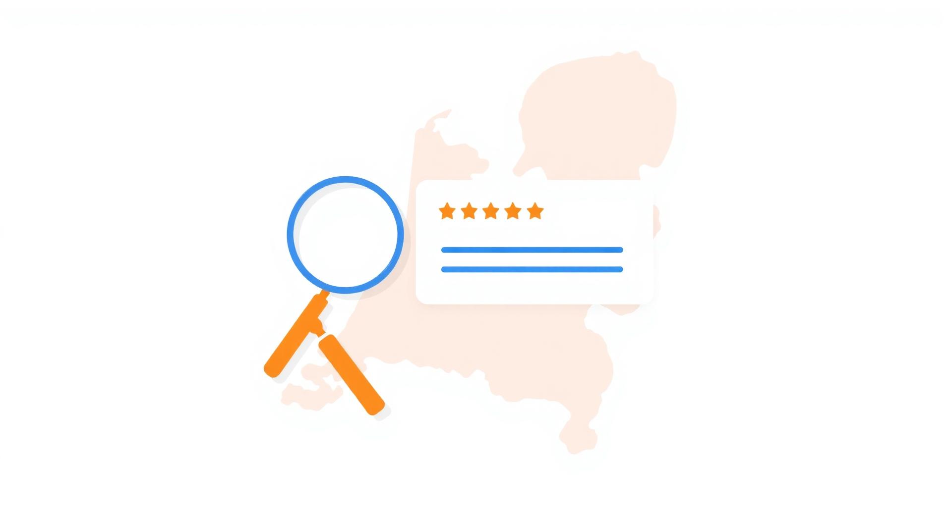 Geïllustreerde kaart van Nederland met een Google-reviewkaart, vergrootglas en rechtershamer