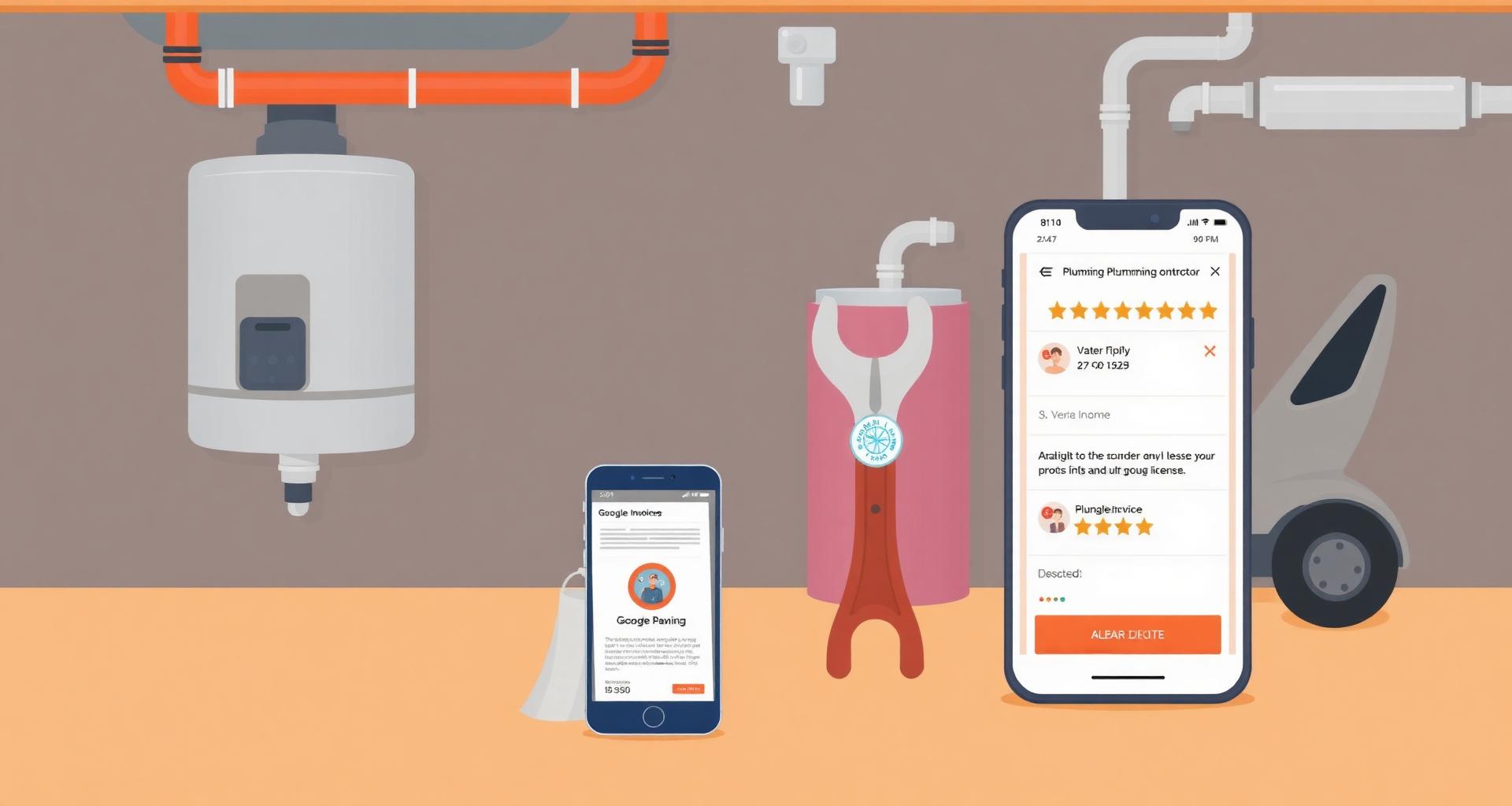 Illustrated plumber's van, under-sink piping, water heater, pipe wrench and a phone showing a Google 1-star review