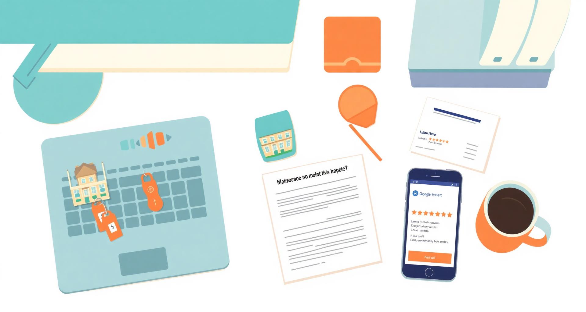 Illustrated property manager's desk with laptop, keys with unit tags, lease documents and a phone showing a Google 1-star review
