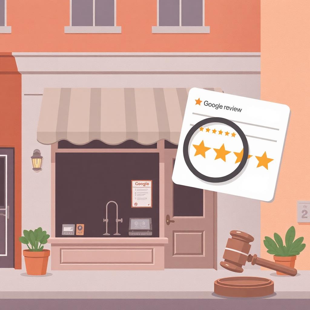 Illustrated restaurant storefront with a Google review card, magnifying glass over stars and a gavel