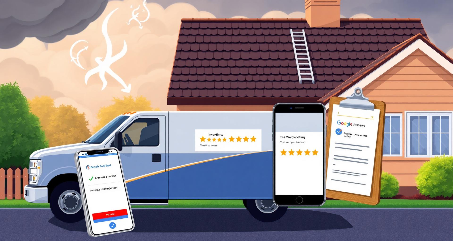 Illustrated roofing company truck beside a shingle roof with storm clouds clearing and review-removal case documents