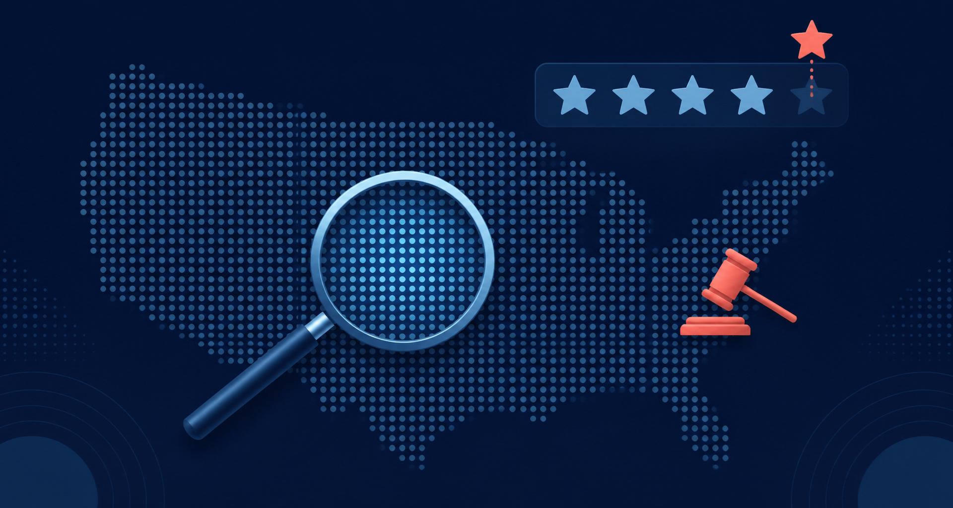 Illustrated US map with a magnifying glass and gavel showing Google review removal legal work