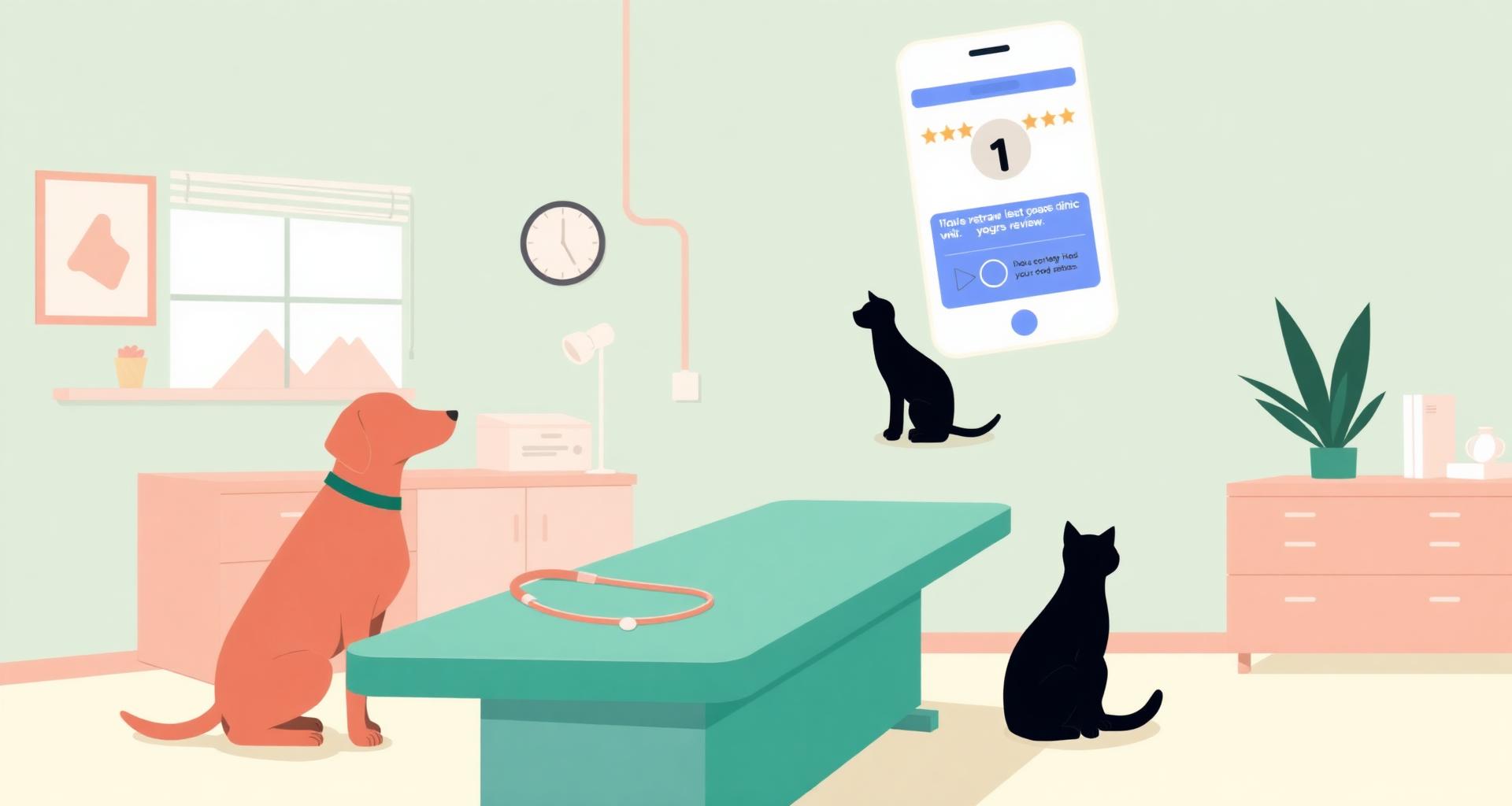 Illustrated veterinary exam room with dog, cat and stethoscope next to a phone showing a Google 1-star review